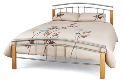 Save On Goods UK 4Ft Small Double Silver Metal Tubular Bed FrameBeech Wood Finish Corner Posts.strong Sturdy Frame Bedstead Base. from B&Q
