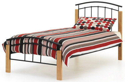 Save On Goods UK 3Ft Single Black Metal Tubular Bed FrameBeech Wood Finish Corner Posts.strong Sturdy Frame Bedstead Base. from B&Q