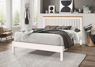 Save On Goods UK 4Ft6 Double White,solid Wood Wooden Bed Frame Bedstead With Oak Finish Top Rail from B&Q