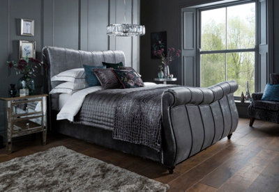 Save On Goods UK 4Ft6 Double Grey Velvet Scroll Back Chesterfield Fabric Upholstered Bed Frame Bedstead from B&Q