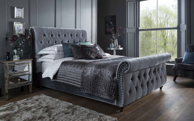 Save On Goods UK 4Ft6 Double Grey Velvet Scroll Button Back Chesterfield Fabric Upholstered Bed Frame Bedstead from B&Q
