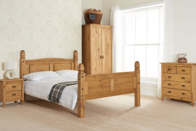 Save On Goods UK 4Ft6 Double Antique Waxed Pine,mexican,solid Strong Pine Wood Bed Frame High Foot EndSolid Panel from B&Q