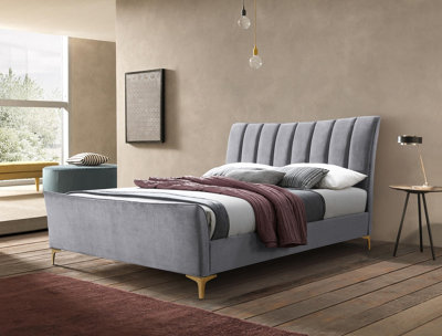Save On Goods UK 5Ft King Size GreySoft Velvet Fabric Upholstered Bed Frame.pleated High Foot End Bedstead from B&Q