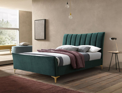 Save On Goods UK 4Ft6 Double GreenSoft Velvet Fabric Upholstered Bed Frame.pleated High Foot End Bedstead from B&Q