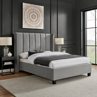 Save On Goods UK 4Ft6 Silver Double Tall Winged,fabric Velvet Velour Upholstered Bed Frame from B&Q