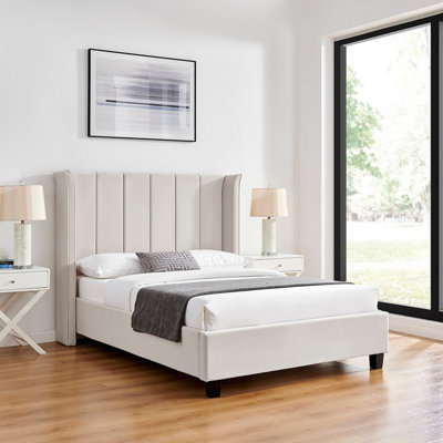 Save On Goods UK 4Ft6 Double Natural Tall Winged,fabric Velvet Velour Upholstered Bed Frame, from B&Q