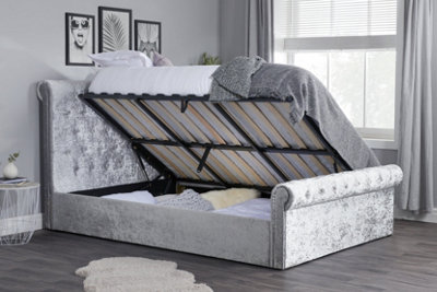 Save On Goods UK 4Ft6 Double Crushed Steel Grey Velvet Upholstered ButtonScrollChesterfield Lift Up Ottoman Storage Bed FrameBedstead from B&Q