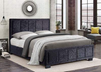 Save On Goods UK 4Ft6 Double Fabric Upholstered Bed Frame.black Velvet Bedstead,squares,tall Headboard from B&Q