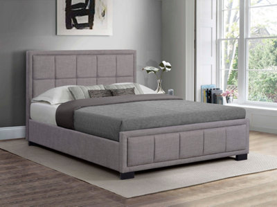 Save On Goods UK 4Ft6 Double Fabric Upholstered Bed Frame.grey Linen Bedstead,squares,tall Headboard from B&Q