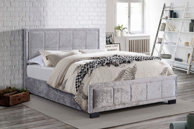 Save On Goods UK 4Ft6 Double Fabric Upholstered Bed Framesilver/steel Crushed Velvet Fabric Bedstead,squares,tall Headboard from B&Q