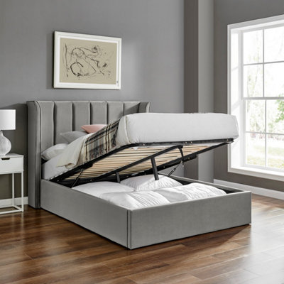 Save On Goods UK 4Ft6 Double Ottoman Tall WingedSilver Fabric Velvet Velour Upholstered Storage Bed Frame from B&Q