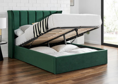 Save On Goods UK 4Ft6 Double Ottoman Tall WingedGreen Fabric Velvet Velour Upholstered Storage Bed Frame from B&Q
