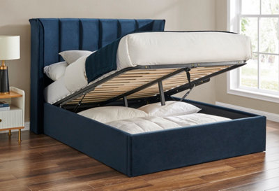 Save On Goods UK 4Ft6 Double Ottoman Tall Winged,blue Fabric Velvet Velour Upholstered Storage Bed Frame from B&Q