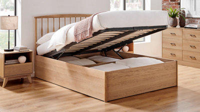 Save On Goods UK 4Ft6 Double Ottoman Lift Up Storage Real Oak Wood Wooden Bed Frame from B&Q
