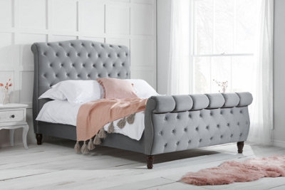 Save On Goods UK 6Ft Super King Grey Velvet Finish Scroll Back Chesterfield Fabric Upholstered Button Bed Frame,bedstead,button BackRolled Linen from B&Q