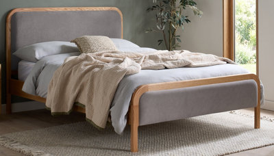 Save On Goods UK 4Ft6 Double Grey Linen Fabric Upholstered Oak Wood Bed Frame Bedstead from B&Q