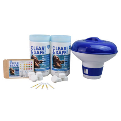Clear & Safe 2Kg Of 20G Chlorine Tablets100 Tablets + Floating Pool Dispenser + Test Strips from B&Q