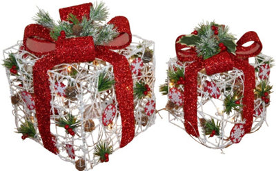 Set Of 2 Light Up Christmas White Rattan Parcels With Red BowWith Battery Powered Led Lights from B&Q