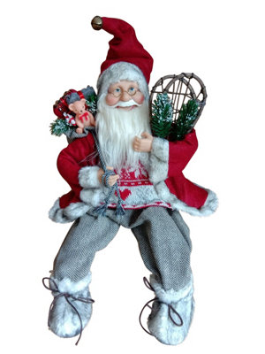  - 45Cms Tall Sitting Father Christmas Figure With A Sack Of Toys And Snow Shoes- Rustic Santa Style
