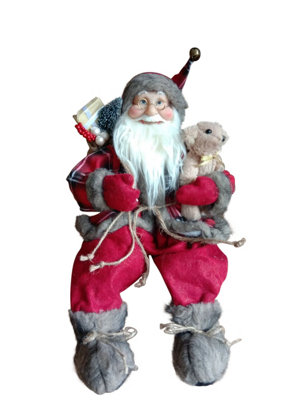  - 45Cms Tall Sitting Father Christmas Figure With A Sack Of Presents And A Teddy Bear- Rustic Santa Style