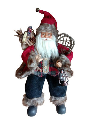  - 45Cms Tall Sitting Father Christmas Figure With A SackSnow Shoes And Lamp- Rustic Santa Style