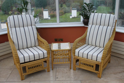 Garden Market Place Gardenmarketplace Portofino Cane Conservatory Furniture Duo Set- 2 Chairs And A Side Table- Striped Fabric. from B&Q