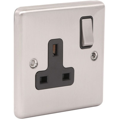 UEP Windsor 1G 13 Amp Socket Brushed Steel Black Trim from B&Q