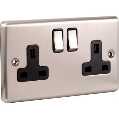 UEP Windsor 2G 13Amp Switched Socket Brushed Steel Black Trim from B&Q
