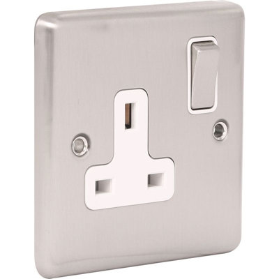 UEP Windsor 1G 13Amp Socket Brushed Steel White Trim from B&Q