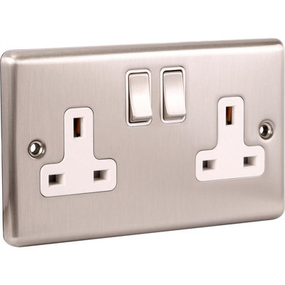 Windsor 2G 13Amp Socket Brushed Steel White Trim from B&Q