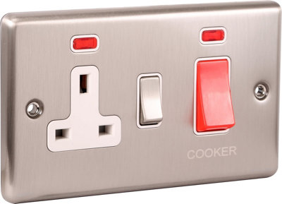 Windsor 45Amp Cooker Switch W Socket Brushed Steel White Trim from B&Q