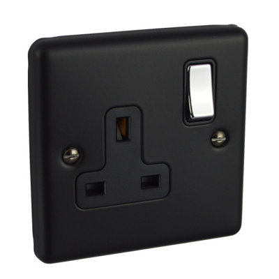 UEP Windsor 1G 13Amp Socket Matt Black W P/chrome Rocker from B&Q