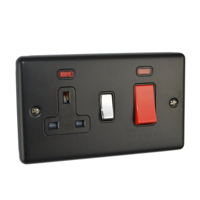 Windsor 2G 45 Amp Cooker Switch With Socket Matt Black P/chrome from B&Q