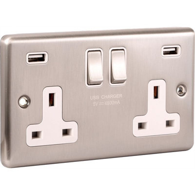 Windsor 2G 13Amp Socket With Usb 4.8A Brushed Steel White Trim from B&Q