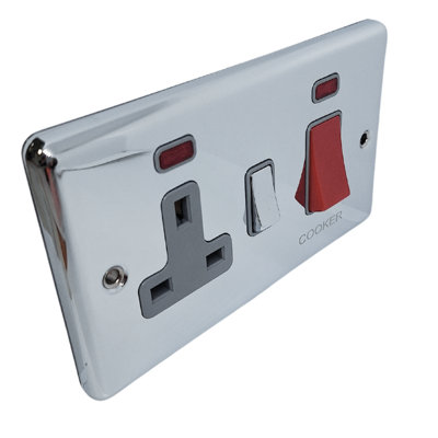 Windsor 2G 45Amp Cooker Switch With Socket Polished Chrome Grey Trim from B&Q