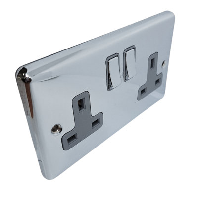 Windsor 2G 13 Amp Socket Polished Chrome Grey Trim from B&Q