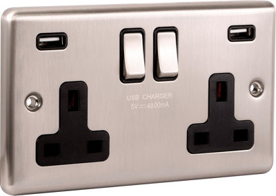 Windsor 2G 13Amp Socket With 2 X Usb 4.8A Brushed Steel Black Trim from B&Q