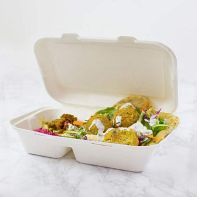 Hot Bargains Bagasse Takeaway Food Box 50 Pack 9.8 X 6 Inch 2 Compartment Clamshell from B&Q