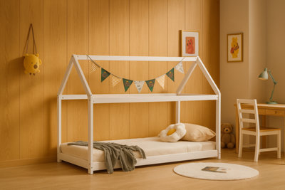 Amani Ely White Montessori House BedSolid Pine Floor Bed For ToddlersKids Single Bed from B&Q