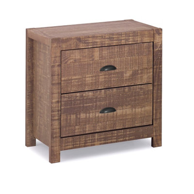 Amani Denver Rustic Walnut Solid Pine 2 Drawer Bedside Table Nightstand