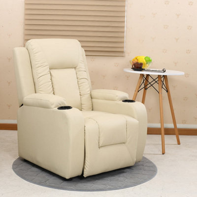 B&Q -  Manual Pushback Recliner Chair With Compact Living Room Design And Cup Holders In Cream Bonded Leather
