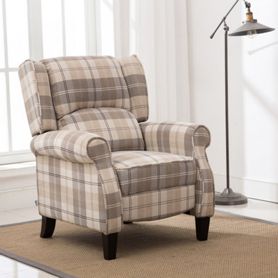 B&Q -  Eaton Wing Back Fireside Check Fabric Recliner Armchair Sofa Chair Reclining Cinema (Beige)