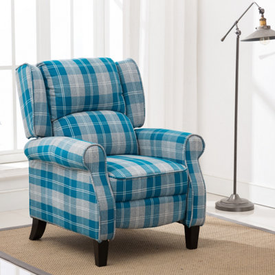 More4homes Eaton Wing Back Fireside Check Fabric Recliner Armchair Sofa Chair Reclining Cinema (Blue) Blue