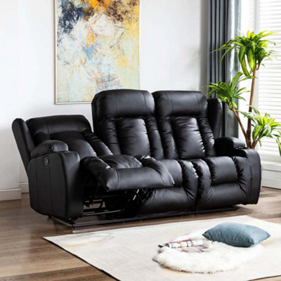 More4homes Caesar Manual High Back Luxury Bond Grade Leather Recliner 3 Seater Sofa (Black) Black