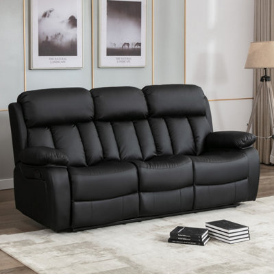 More4homes Chester Manual High Back Luxury Bond Grade Leather Recliner 3 Seater Sofa (Black) Black