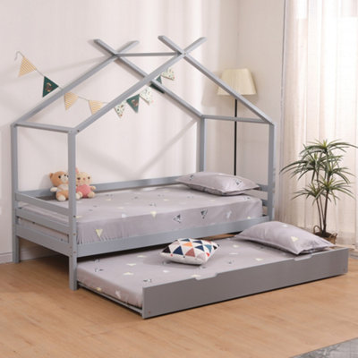 SlumberWorx Teddy Kids Childrens Wooden House Treehouse Single Bed Frame With Guest Trundle Bed (Grey) from B&Q