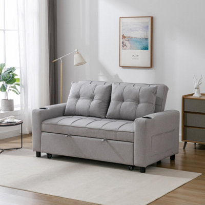 More4homes Hudson 2-Seater Sofa Bed Linen Fabric With Cup Holders Light/Grey
