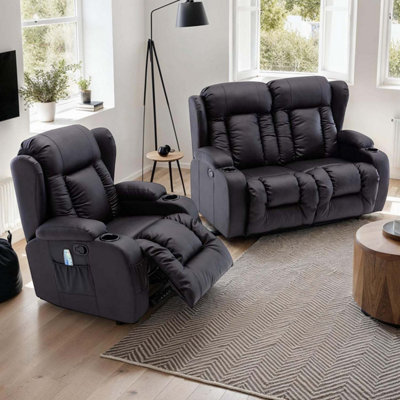 More4homes Caesar Manual Recliner Bonded Leather 1+2 Seater Sofa Set (Black) Black
