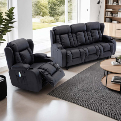 More4homes Caesar Manual Recliner Bonded Leather 1+3 Seater Sofa Set (Black) Black