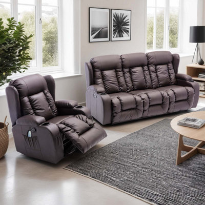 More4homes Brown Caesar Manual Recliner Bonded Leather 1+3 Seater Sofa Set (Brown) Size 1